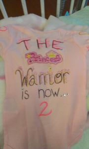 The Princess Warrior's 2nd birthday and BMT bithday onesie.